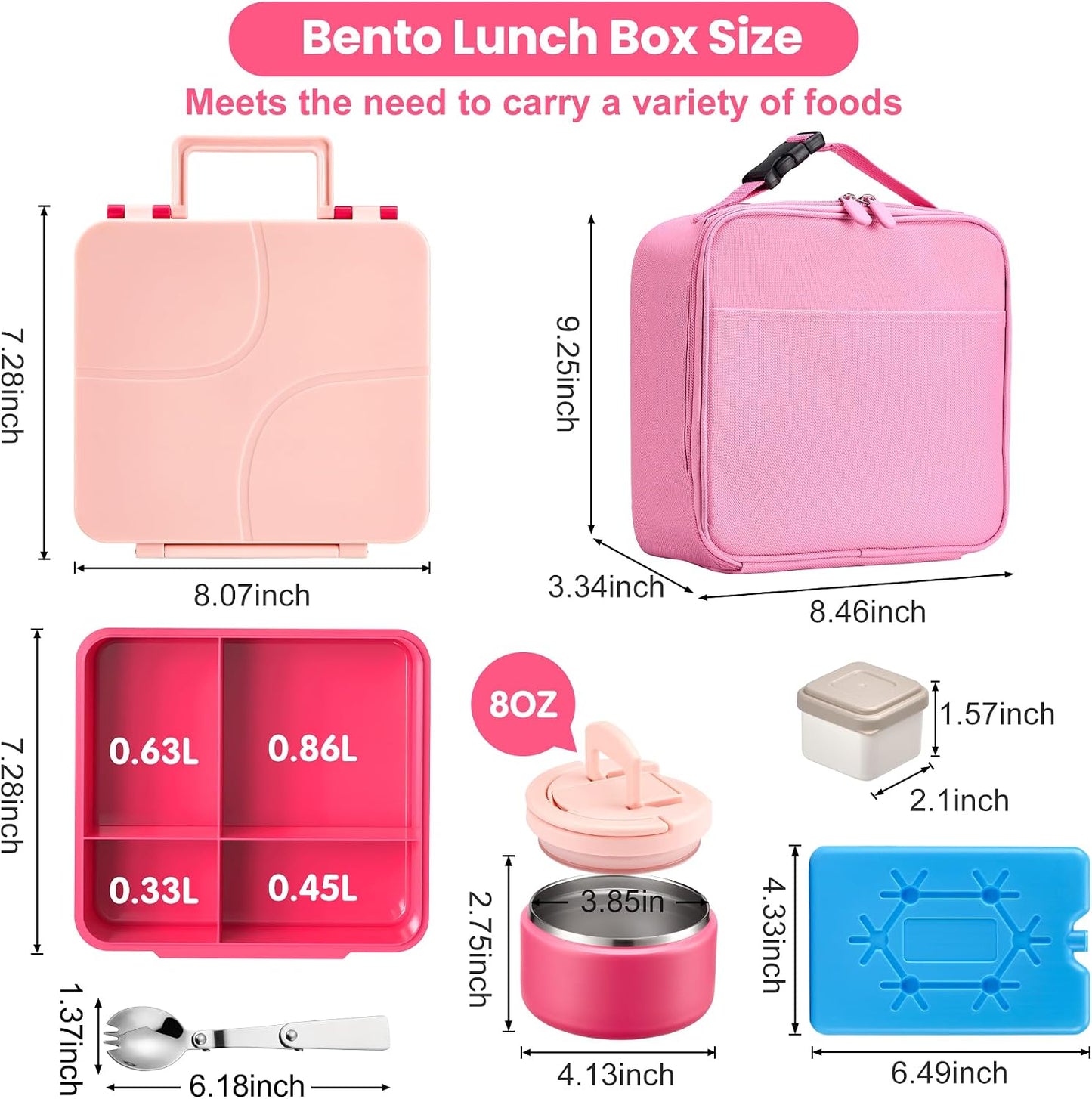 Bento Lunch Box with 8oz Soup Thermo,Kids Leakproof 4 Compartment Lunch Food Containers with Sauce Cup and Ice Pack,Kids Thermo Insulated Hot Food Jar and Lunch Bag for School,Trvael-Black