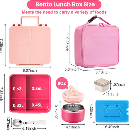 Bento Lunch Box with 8oz Soup Thermo,Kids Leakproof 4 Compartment Lunch Food Containers with Sauce Cup and Ice Pack,Kids Thermo Insulated Hot Food Jar and Lunch Bag for School,Trvael-Black