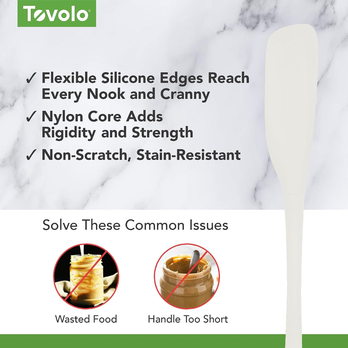 Tovolo Silicone Jar Spatula Long Handled Rubber Scraping Scooping Tool for Peanut Butter Jam Jelly Jars Blenders, Extra Long Flex Core Silicone Jar Scraper Dishwasher Safe BPA Free, White