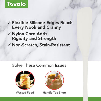 Tovolo Silicone Jar Spatula Long Handled Rubber Scraping Scooping Tool for Peanut Butter Jam Jelly Jars Blenders, Extra Long Flex Core Silicone Jar Scraper Dishwasher Safe BPA Free, White