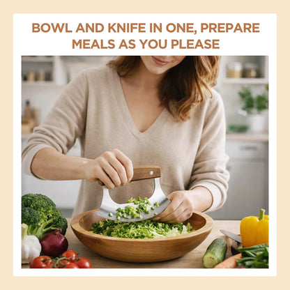 9 Inch Walnut Chopping Bowl and Mezzaluna Knife Set Solid Wood Salad Bowl for Chopping Walnut Herbs Spices Vegetables Eggs Chicken (Round Style)