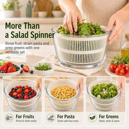 Glass Salad Spinner 3.2 Qt, Small Salad Spinner with Glass Bowl Removable Lid for Easy Cleaning Dishwasher Safe Glass Bowl Vegetable and Fruit Washer Dryer with Drain Spout Crank Handle White
