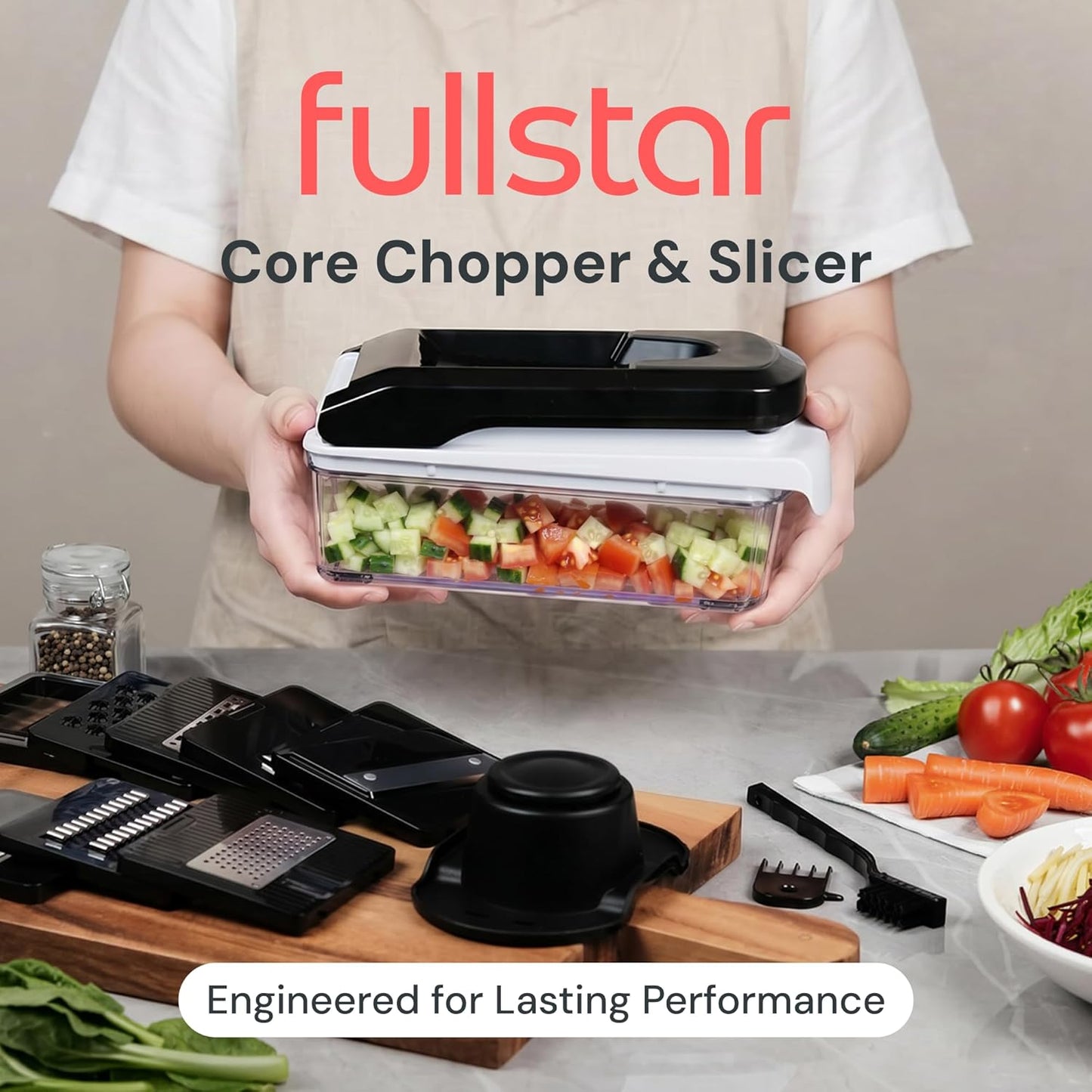 Fullstar Core Vegetable Chopper - Chop and Slice Lid - Food Chopper with Container, Veggie Chopper, Fruit Slicer, Onion Dicer - Meal Prep Essential - Kitchen Gadgets and Gifts (6-in-1, White/Black)