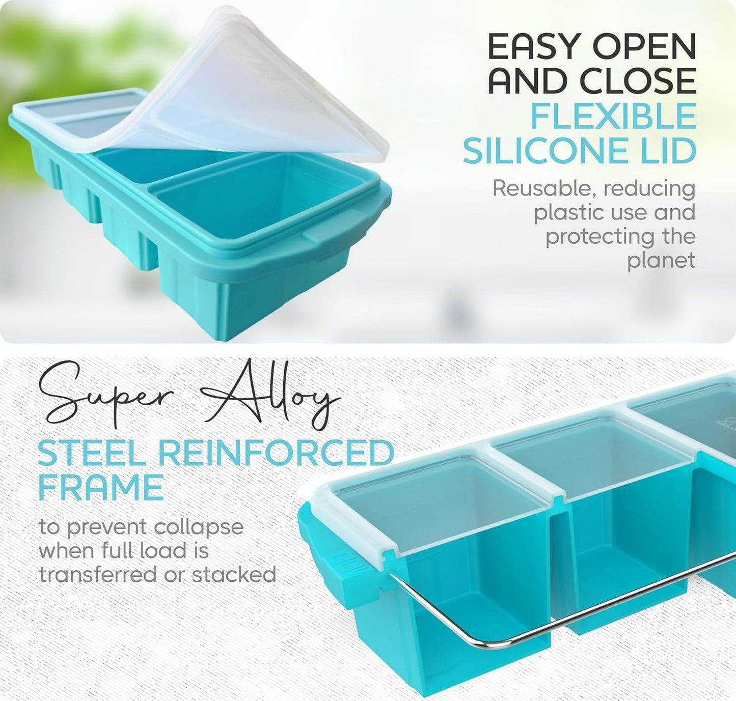 XOMOO Silicone Freezer Tray With Lid-Soup Freezer Container molds-2-cup Extra Large Ice Cube Tray-makes 4 perfect 500ml portions cubes, For freezing soup,stews,sauces.Oven&Dishwasher-Safe(2-Pack)