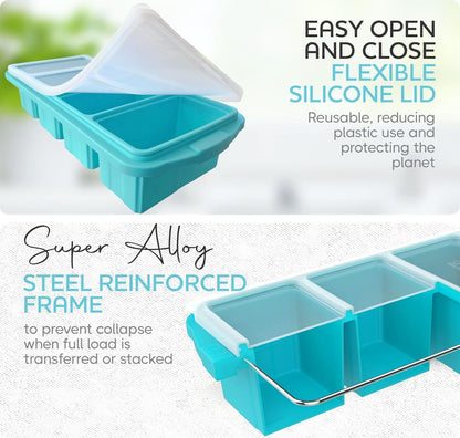XOMOO Silicone Freezer Tray With Lid-Soup Freezer Container molds-2-cup Extra Large Ice Cube Tray-makes 4 perfect 500ml portions cubes, For freezing soup,stews,sauces.Oven&Dishwasher-Safe(2-Pack)