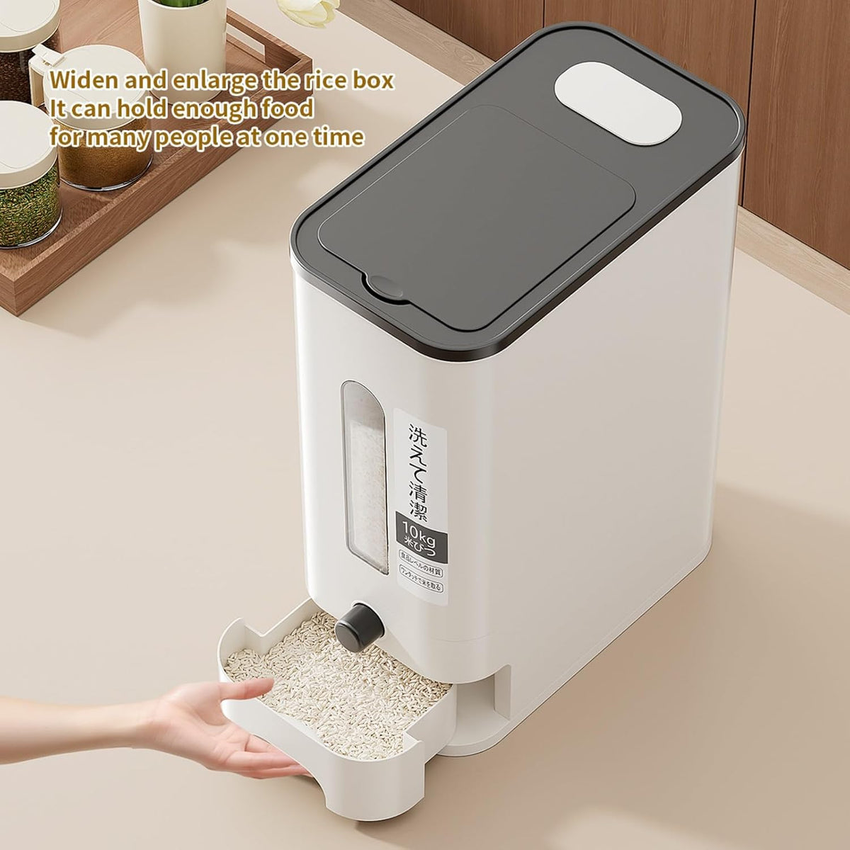 11/22 pound large capacity measuring cup rice dispenser | moisture-proof sealed rice storage box | moisture-proof and insect proof one click design for rice, beans, flour, and pet food (11, Pounds)