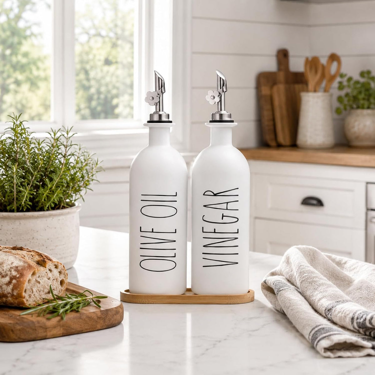 HOMCDALY Premium Olive Oil Dispenser for Kitchen, 11.8oz Glass Oil Bottles with Bamboo Tray, White Oil&Vinegar Cruet Set, Kitchen Dispenser Bottles with Pourer| Set of 2 (11.8oz –P–White)