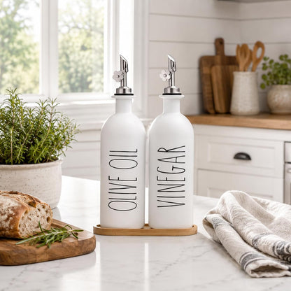 HOMCDALY Premium Olive Oil Dispenser for Kitchen, 11.8oz Glass Oil Bottles with Bamboo Tray, White Oil&Vinegar Cruet Set, Kitchen Dispenser Bottles with Pourer| Set of 2 (11.8oz –P–White)