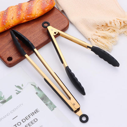 2-Piece Kitchen Spatula Tongs Food Serving Tongs 9" and 12" Cooking with BPA Free Silicone Tips, Toaster Steak Pie Pizza Pasta Spaghetti Noodles Salad Grill BBQ Buffet Clamp Serving Tools(Gold)