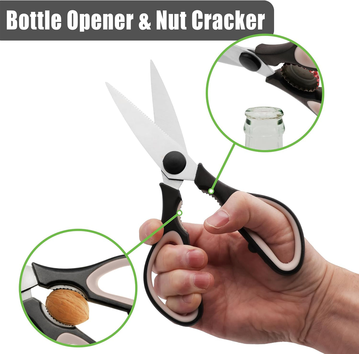 Grip Multi-Purpose Stainless Steel Kitchen Scissors - Non-Slip TPR Grip - Serrated Blade - Cuts Meat, Vegetables, Fish, Poultry, Fruits, Pizza - Nut cracker/Bottle opener - Dishwasher Safe (Blk/Grey)