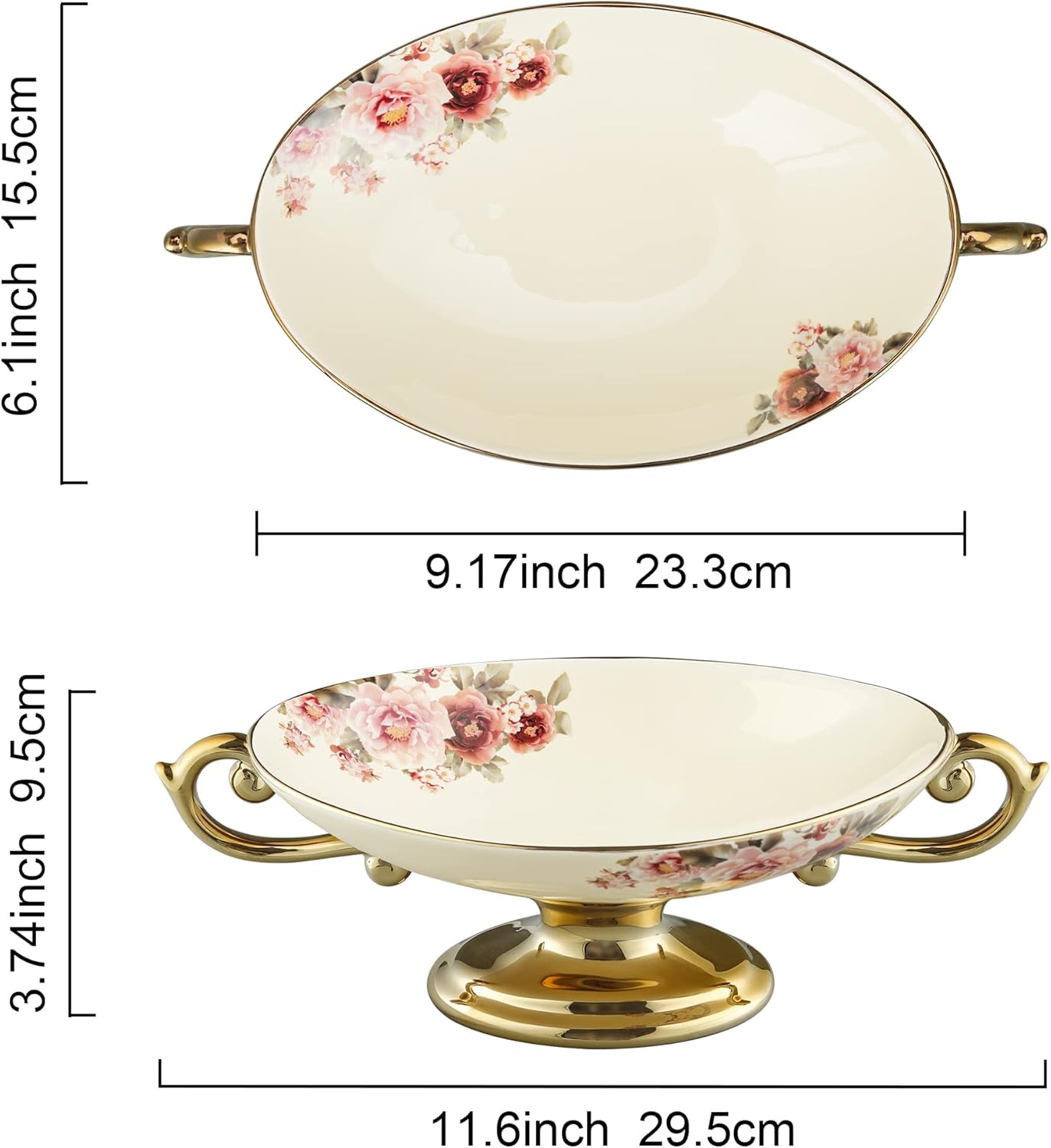 fanquare 3 Compartment Platter, Gold Porcelain Appetizer Serving Tray, Floral Ceramic Divided Serving Plate for Fruit, Candy, Nuts