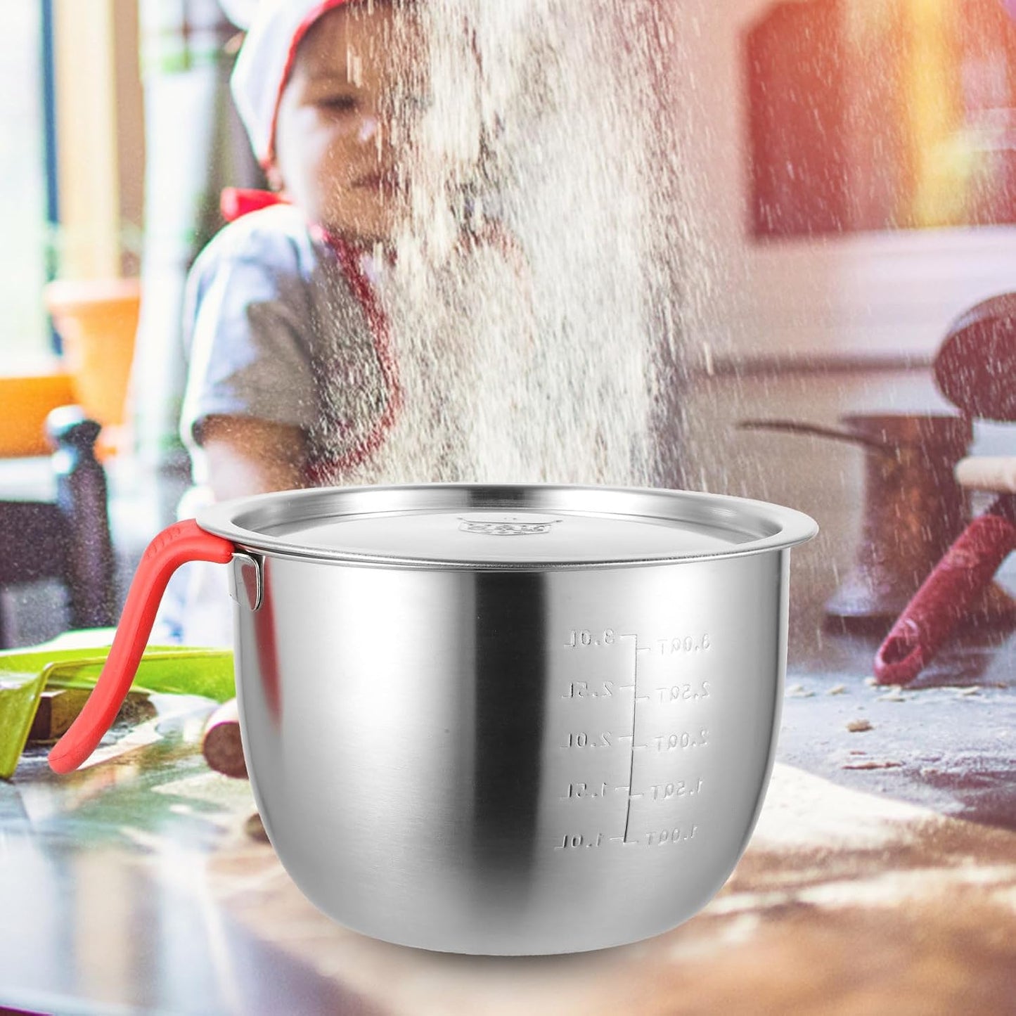 VALICLUD Stainless Steel Mixing Bowl with Lid and Handle 21cm Diameter Deep Batter Bowl 304 Food-grade Metal for Kitchen and Restaurant Use