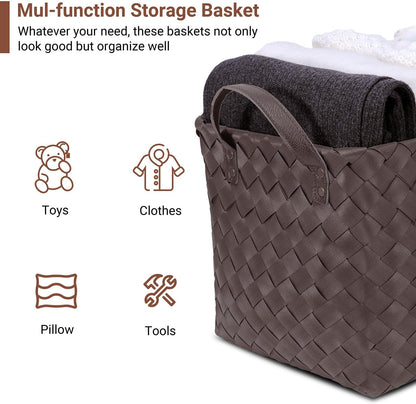 15L Laundry Baskets Waterproof Storage Baskets For Shelves Large Laundry Hamper With Leather Handle -set of 4 Cube Organizers Woven Bins for Bathroom,Bedroom,Pantry,Clothes,Car & Towels-Brown