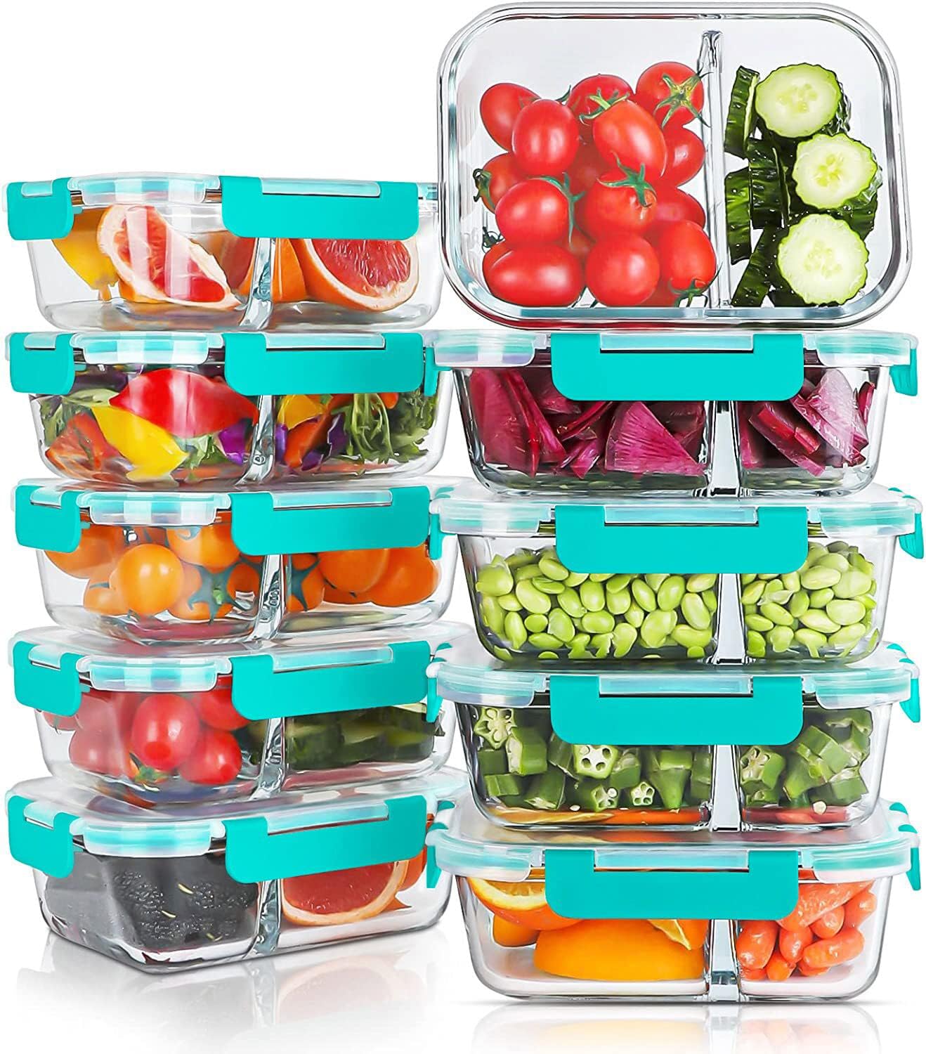 KOMUEE 10 Packs 30oz Glass Meal Prep Containers 2 Compartments,Glass Food Storage Containers with Lids,Airtight Lunch Bento Boxes,Microwave,Oven,Freezer and Dishwasher Safe