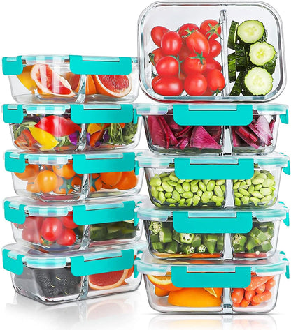 KOMUEE 10 Packs 30oz Glass Meal Prep Containers 2 Compartments,Glass Food Storage Containers with Lids,Airtight Lunch Bento Boxes,Microwave,Oven,Freezer and Dishwasher Safe