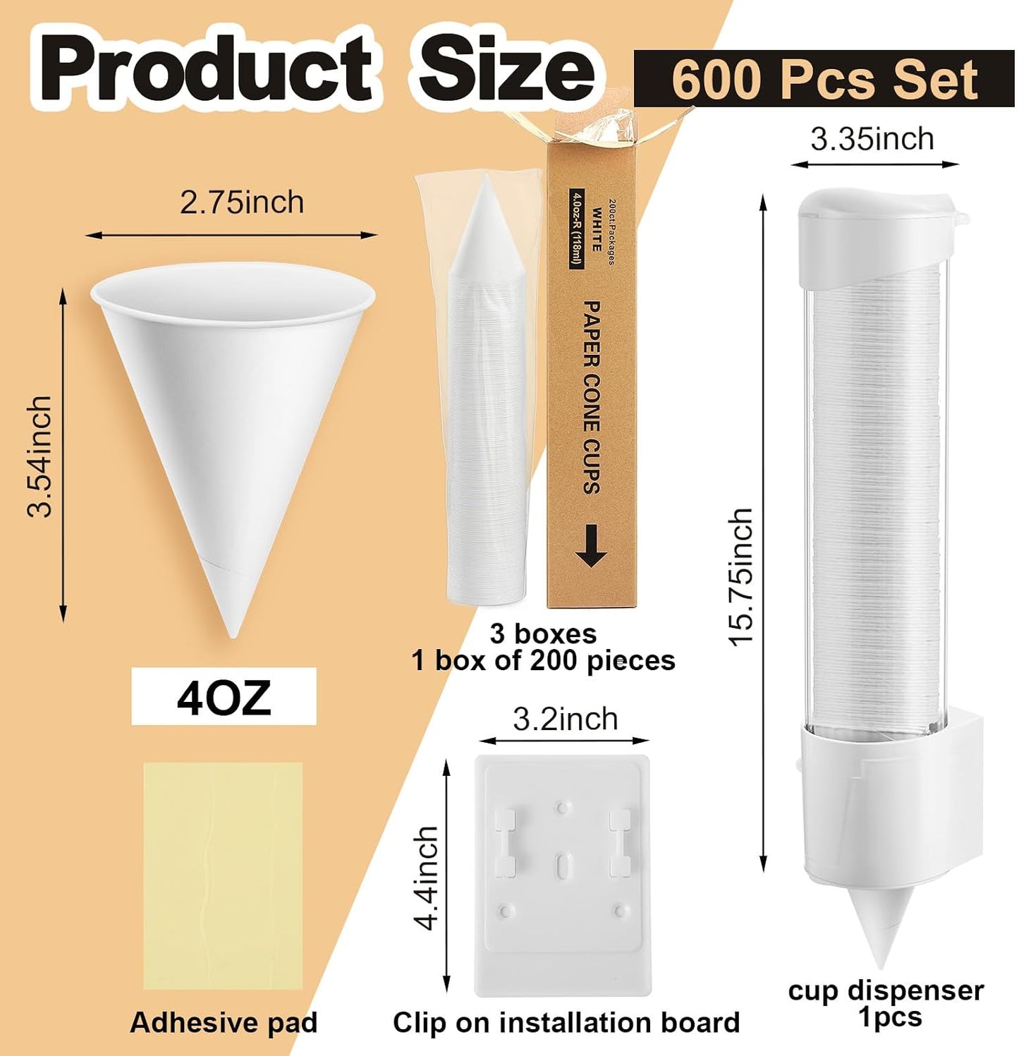 Roshtia 600 Pcs 4 oz Snow Cone Cups Paper Thicken Disposable with 1 Cups Dispenser Pull Type Wall Mount Cup Holder Paper for Restaurants, Home, and Office, and Shaved Ice, Cold (Black)