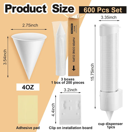 Roshtia 600 Pcs 4 oz Snow Cone Cups Paper Thicken Disposable with 1 Cups Dispenser Pull Type Wall Mount Cup Holder Paper for Restaurants, Home, and Office, and Shaved Ice, Cold (Black)