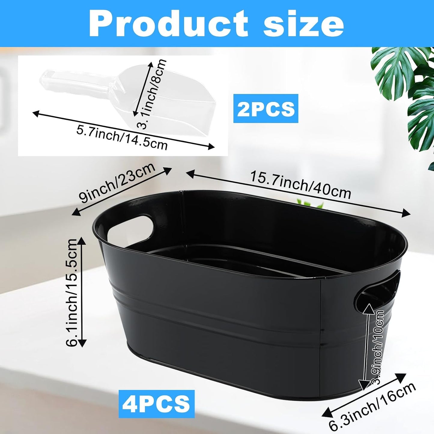 4Pcs 3 Gallon Black Galvanized Bucket Ice Bucket Large Metal Drink Buckets for Parties Beer Beverage Tub with Scoops for Champagne Cocktails Wine Cooling for Mimosa Bar Supplies