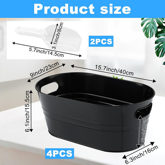 4Pcs 3 Gallon Black Galvanized Bucket Ice Bucket Large Metal Drink Buckets for Parties Beer Beverage Tub with Scoops for Champagne Cocktails Wine Cooling for Mimosa Bar Supplies