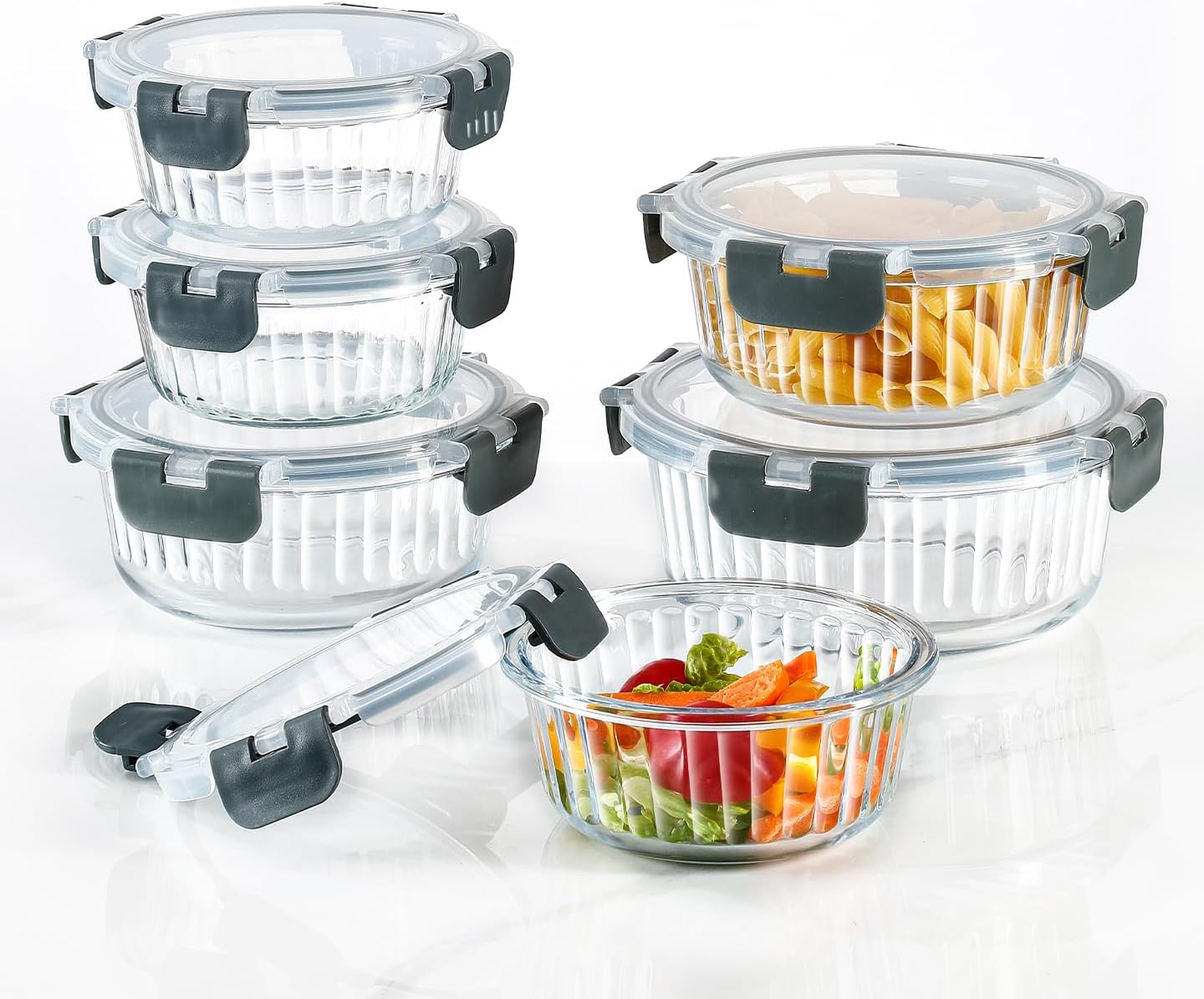 Glass Fluted Ombre grey Leak-Proof 6-Piece Set Food Storage Containers, Food Containers with Lids, Meal Prep Containers. (Rectangular)