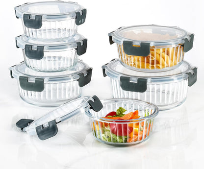 Glass Fluted Ombre grey Leak-Proof 6-Piece Set Food Storage Containers, Food Containers with Lids, Meal Prep Containers. (Rectangular)