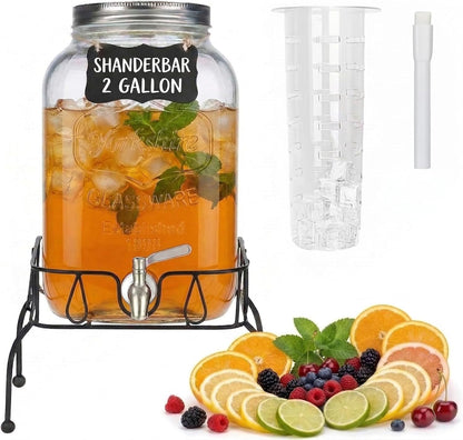 2 Gallon Glass Drink Dispenser with Stand, Ice Cylinder,Stainless Steel Leakproof Spigot and Lid,Glass Beverage Dispenser for Parties,Mason Jar Drink Dispenser for Juice,Sun Tea,Water,Lemonade & More