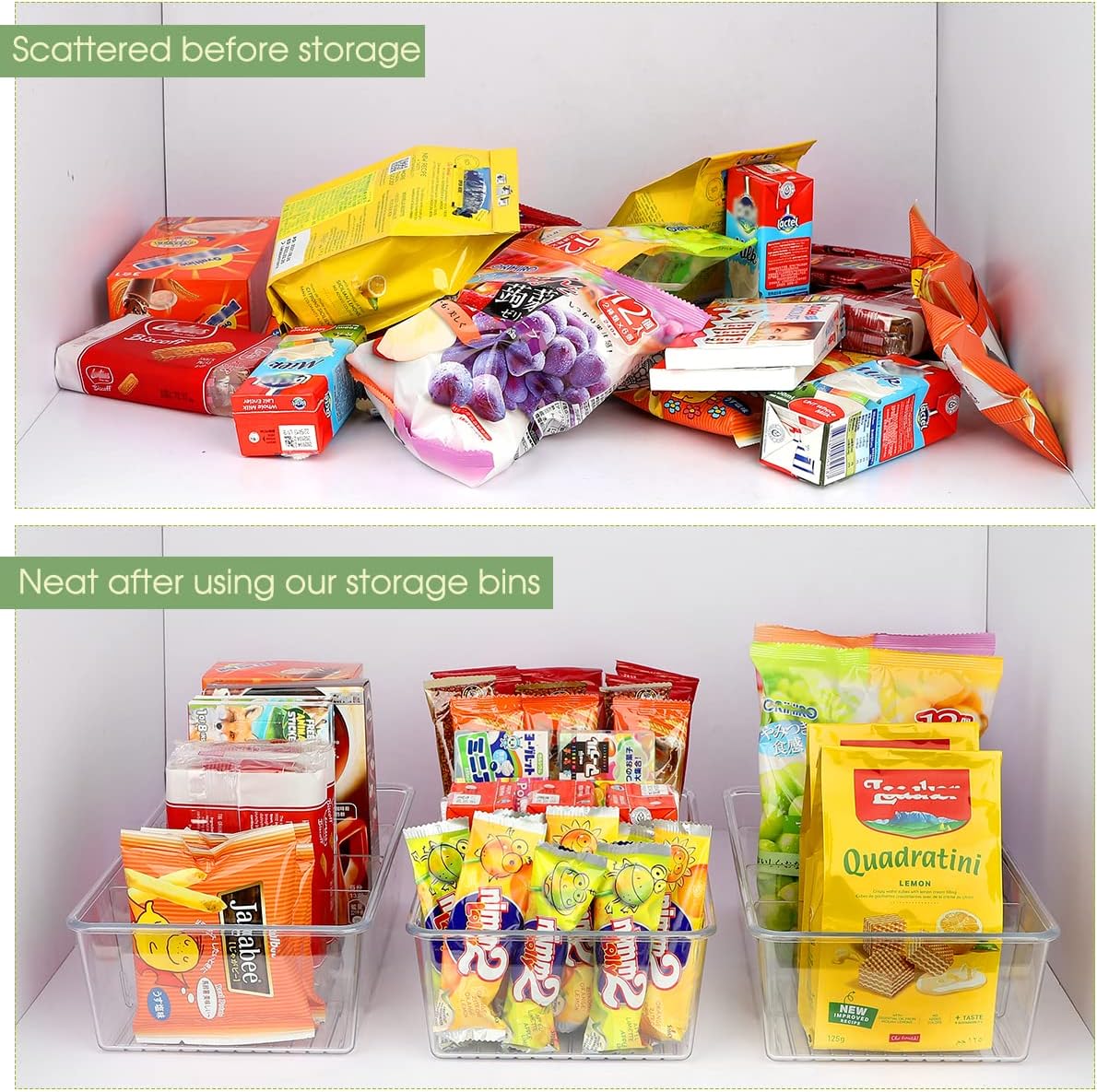 ZIZOTI Snack Organizer for Pantry Shelf, 4 Pack Clear Plastic Pantry Storage Bins with 3 Dividers for Snacks, Spices, Chips Food Organizer, Stackable Pantry Organizers for Kitchen, Fridge, Cabinet