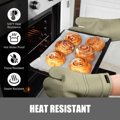 RORECAY Silicone Oven Mitts and Pot Holders Sets, Gloves for Kitchen, Beige