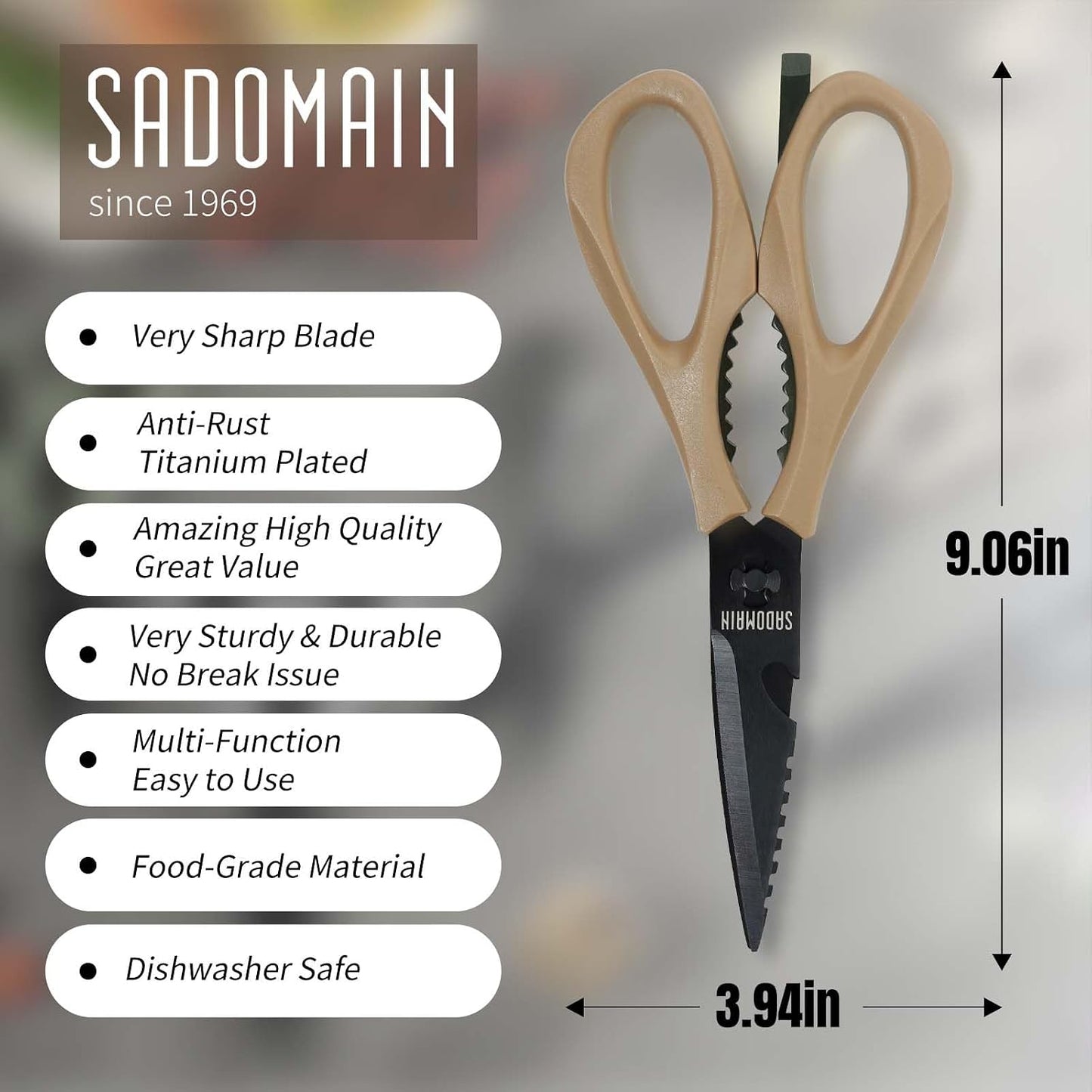 Kitchen Scissors All Purpose, Extra Sharp Kitchen Shears with Knife Sharpener & Sheath, Solid & Durable Stainless Steel Scissors with ANTI-RUST Black Titanium Plated, Dishwasher Safe - Black