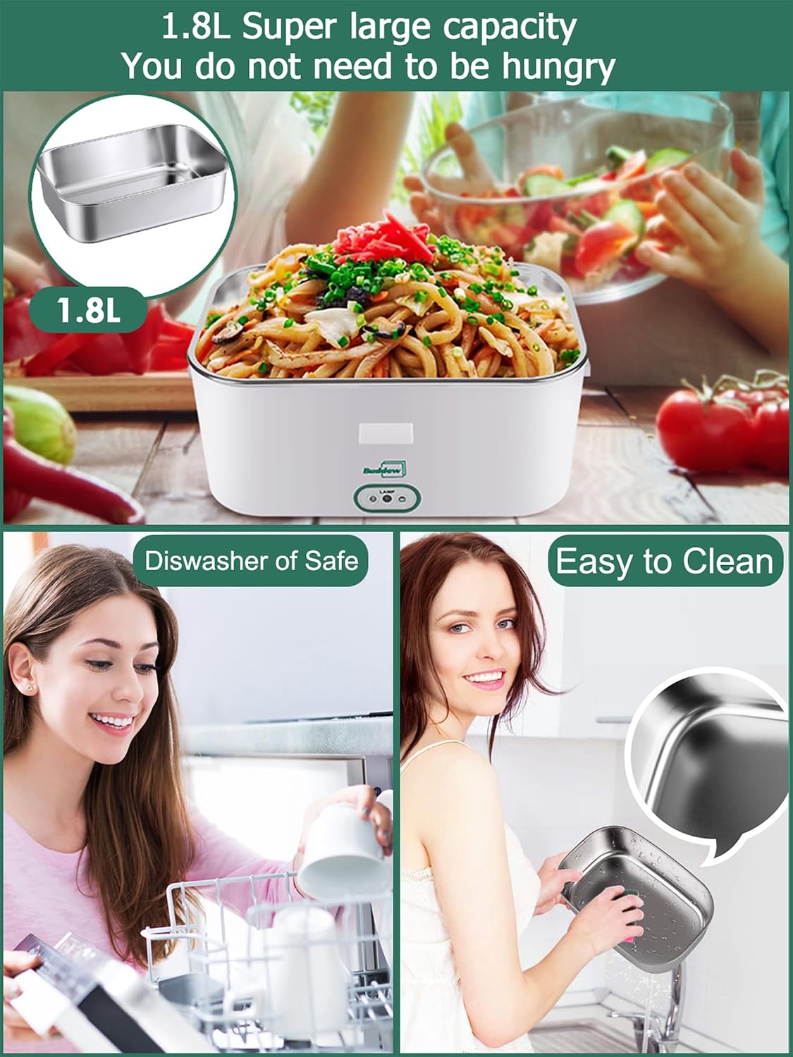 Buddew Electric Lunch Box for Adults, 80W Heated Lunch Box 1.8L Stainless Steel Portable Food Warmer,12/24/110V Lonchera Electrica Portatil for Travel & Work, Loncheras para Hombres de Trabajo