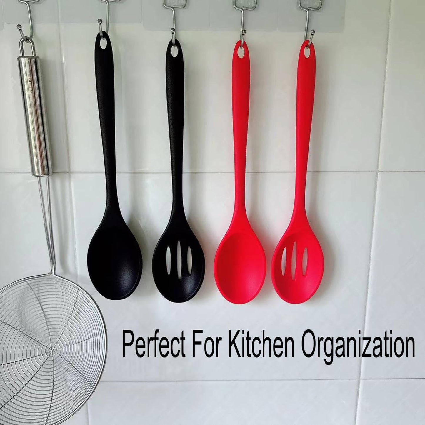 Silicone Cooking Spoon, Nonstick Kitchen Spoons Set for Cooking,Slotted and Solid Serving Spoon Heat Resistant, Silicone Mixing Basting Stirring Spoons for Nonstick Cookware 4 Pack (Black)