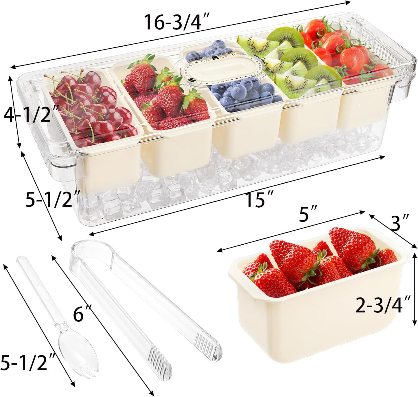 Jucoan Large Ice Chilled Condiment Server with Lid, 5 Compartment Chilled Condiment Caddy, Taco Bar Serving Tray, Garnish Holder Tray for Bartenders Mimosa Salad Soda Bar Supplies, 2 Tongs, 5 Forks