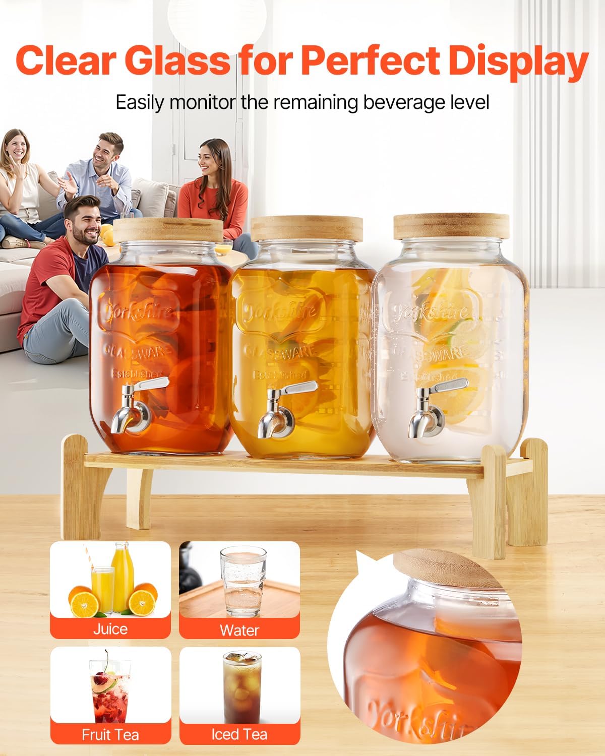 VEVOR Beverage Dispenser, 3 Pack 2 Gallon Drink Dispensers for Parties, Glass Juice Dispenser with Metal Stand, Stainless Steel Spigot, Infuser, Iced Tea Lemonade Juice Water Dispensers for Parties