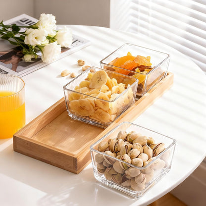 Snackle Box Container Chip and Dip Bowls With Serving Tray, 3 Glass Square Sauce Cups Dip Bowls, Small Fruit Platter Side Dishes for Party Entertaining Appetizer Dessert Salsa Side Dishes(THREE)