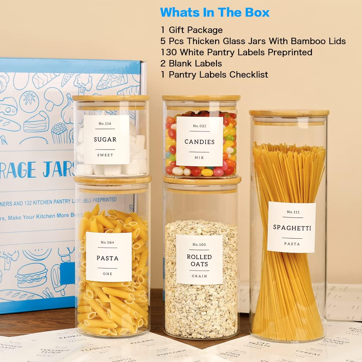 Large glass flour and sugar containers with 132 Kitchen Pantry Labels - 110 oz Glass Food Storage Containers with Airtight Lids - Square Glass Jars with Bamboo Lids for Rice, Pasta, Cookies, grain