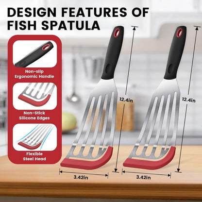 Silicone Fish Spatula, Heat Resistant Silicone Edge for Nonstick Cookware, Fish Turner for Kitchen Use, Flexible and Thin Stainless Steel Cooking utensils, Perfect Slotted Spatula for Egg, Pancake