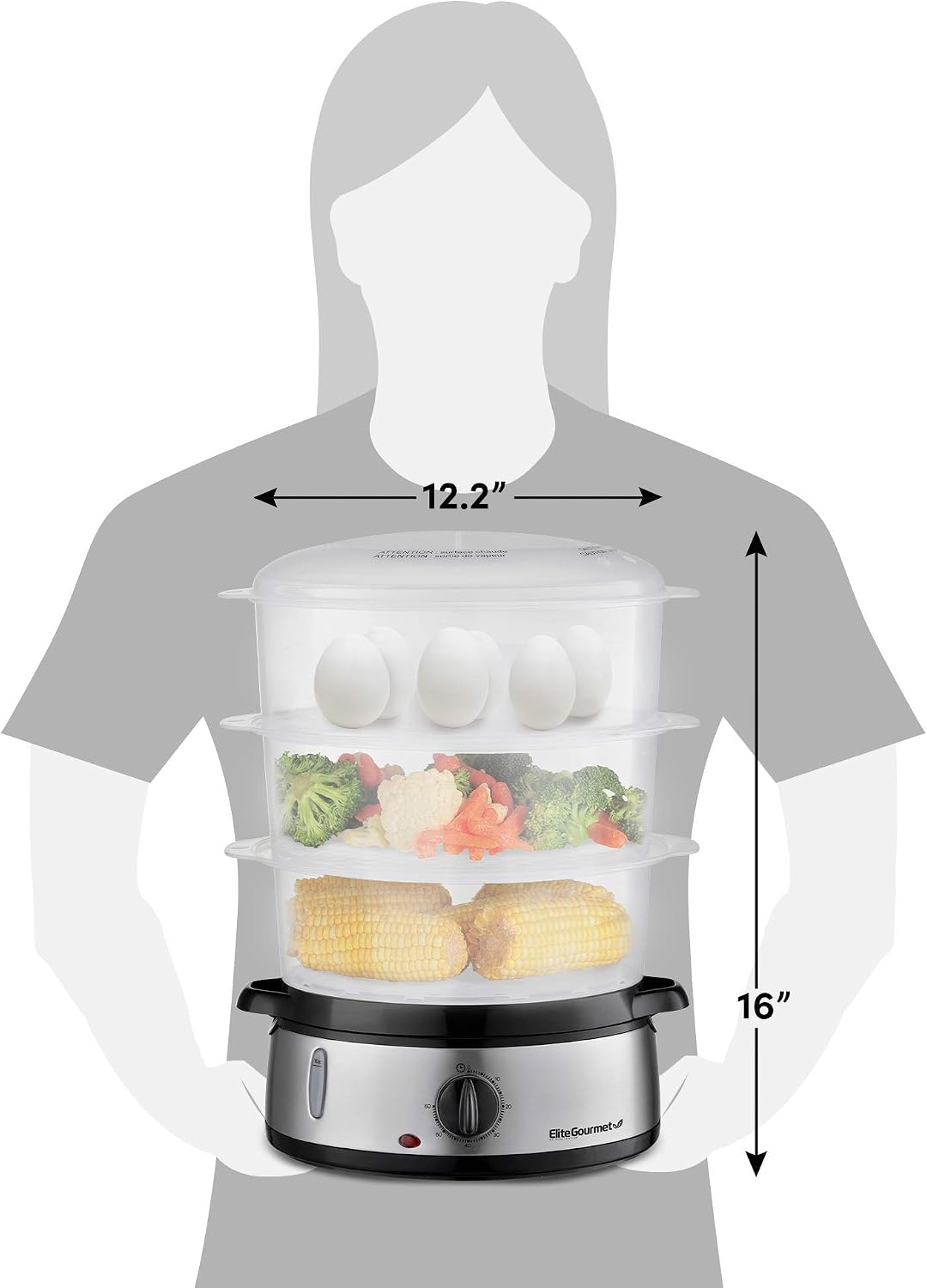 Elite Gourmet Electric Food Steamer, 3-Tier BPA-Free, 9 Qt, Stainless Steel