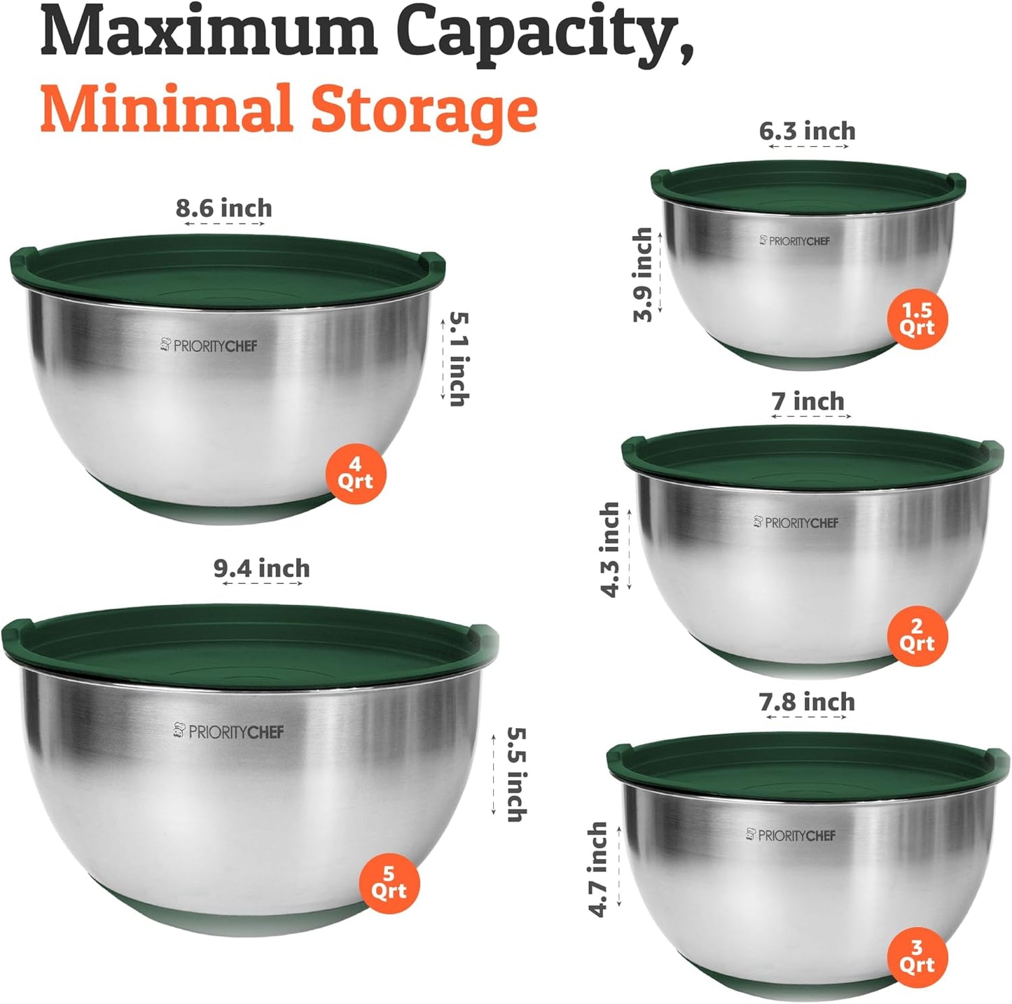 Priority Chef Premium Mixing Bowls With Lids Set, Airtight Lids, Thicker Stainless Steel, Non-Slip Base, 5 Nesting Steel Bowls for Kitchen, Large Prep Metal Bowl Set 1.5/2/3/4/5 Qt, Black