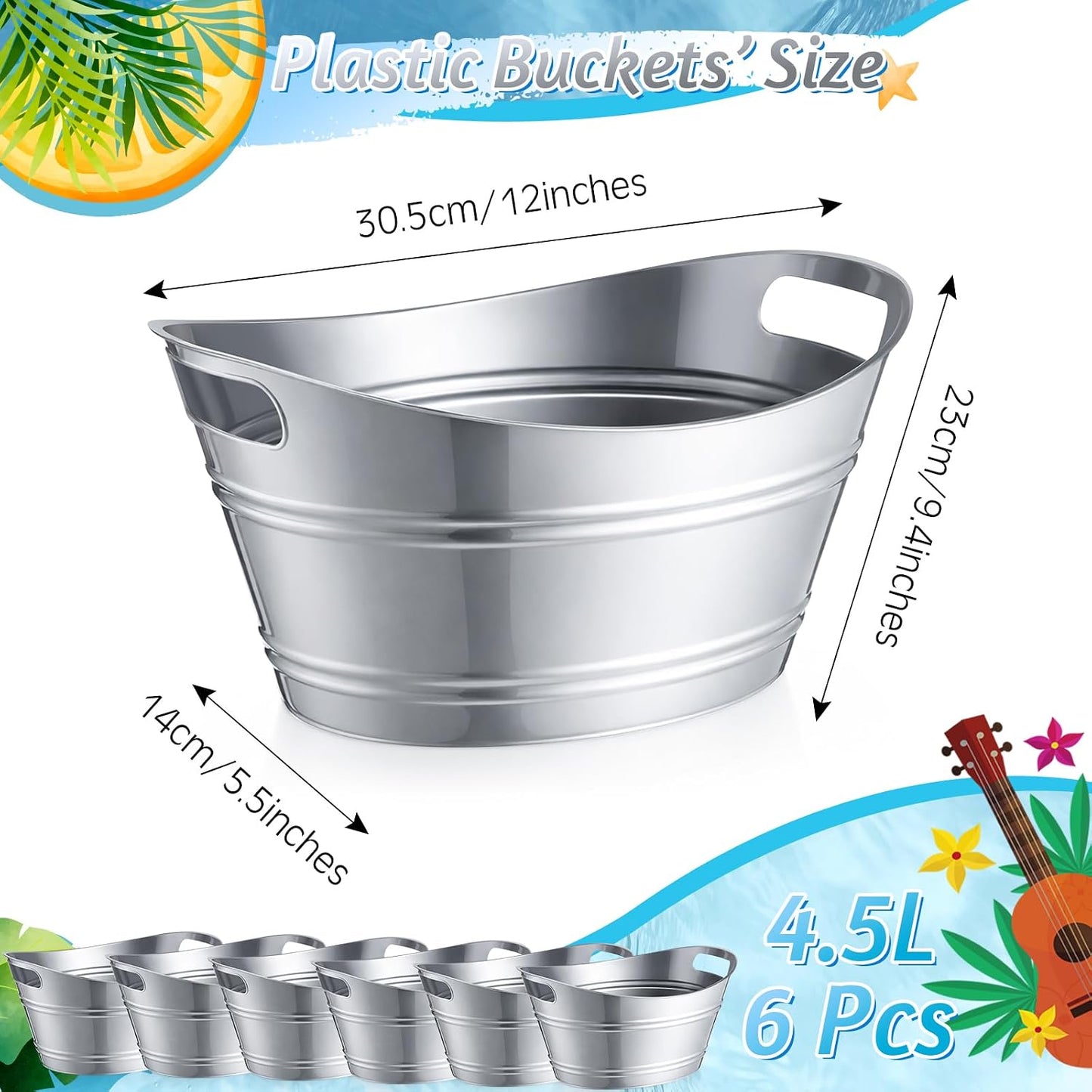 meekoo 6 Pcs Plastic Ice Buckets Bulk with Handles 4.5L Oval Storage Tub Large Capacity Ice Drink Bucket for Party Bar Wine Beer Champagne Beverage Bottle Cooler (4.5 L,Orange)