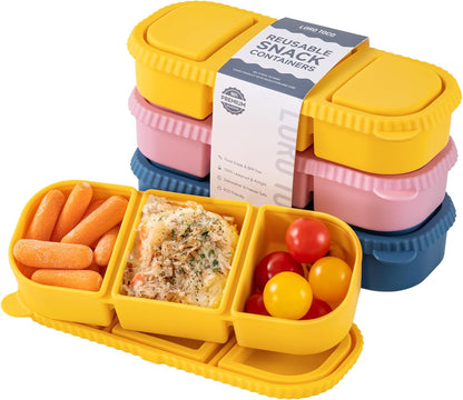 Silicone Reusable Snack Containers with Lids, 4 Pack 3 Compartment Bento Snack Boxes, Leakproof Food Storage Containers for Meal Prep, Lunch, Fruits, Kids & Adults, Dishwasher Safe