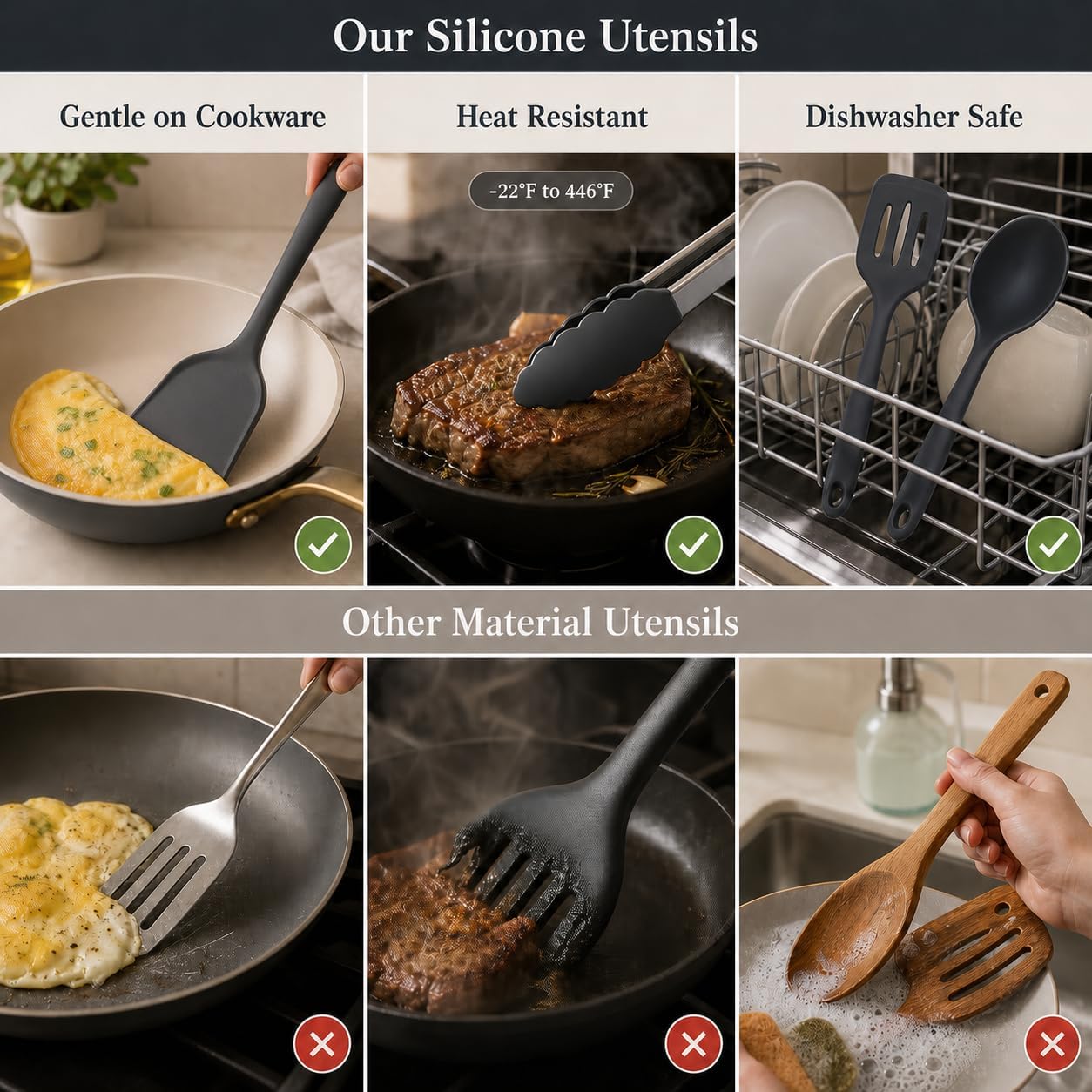Silicone Cooking Utensil Set with Holder & Spoon Rest, -22°F to 446°F Heat Resistant Kitchen Utensils Set, Nonstick Cookware Safe Spatula Set, Spoon, Ladle, Tongs, Whisk, Pasta Server, Gray