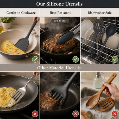 Silicone Cooking Utensil Set with Holder & Spoon Rest, -22°F to 446°F Heat Resistant Kitchen Utensils Set, Nonstick Cookware Safe Spatula Set, Spoon, Ladle, Tongs, Whisk, Pasta Server, Gray