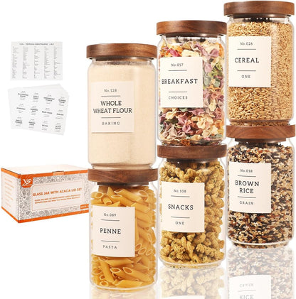 2 Pack Large Glass Flour and Sugar Storage Containers with Airtight Acacia Wood Lids and 132 Kitchen Pantey Labels Preprint - 1 Gallon Borosilicate Glass Canister Sets for Food,Pasta,Cookie,Rice