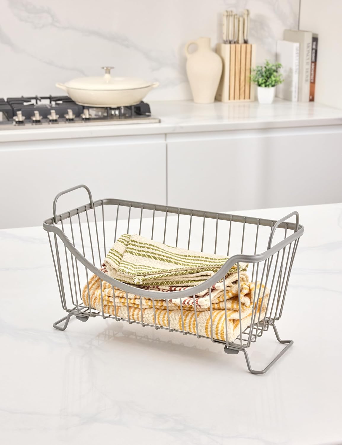 Spectrum Ashley Large Stackable Wire Baskets for Pantry & Kitchen Counter Organizer, Stacking Fruit Basket Wire Bin with Raised Feet & Handles for Vegetable Fruit Potato Onion Storage, Satin Nickel