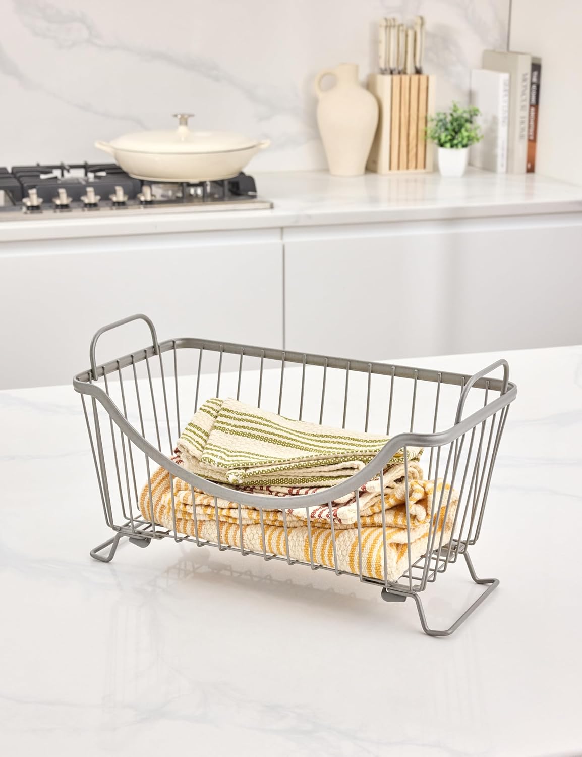 Spectrum Ashley Large Stackable Wire Baskets for Pantry & Kitchen Counter Organizer, Stacking Fruit Basket Wire Bin with Raised Feet & Handles for Vegetable Fruit Potato Onion Storage, Satin Nickel