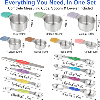 Magnetic Measuring Cups and Spoons Set, Strong N52 Magnets, Heavy Duty 304 Stainless Steel Fits in Spice Jars for Baking & Cooking, BPA Free, Round Set of 15 with Leveler Black