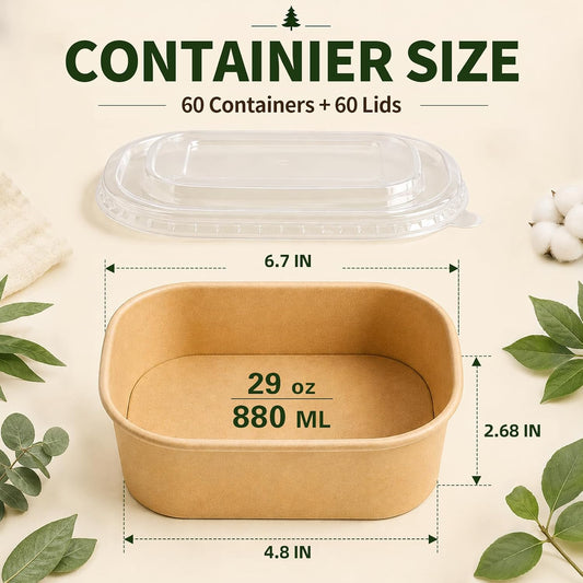 60 Pack 29OZ Disposable Meal Prep Containers, Paper Bowls With Lids