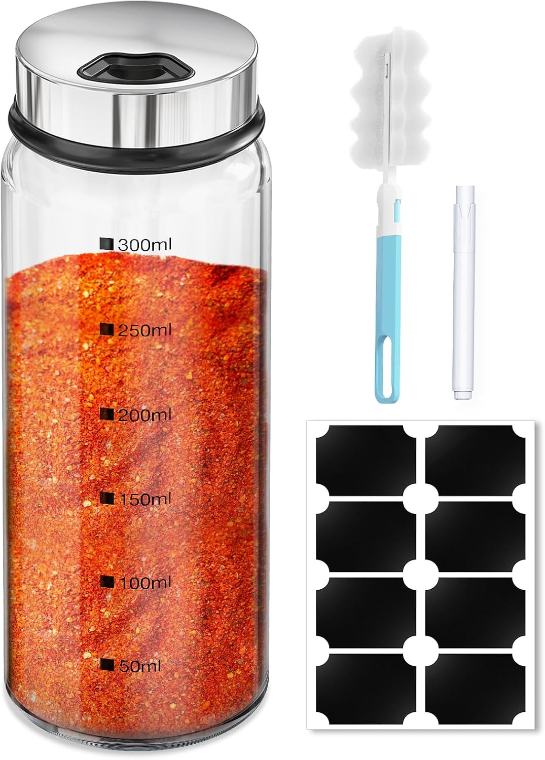 Segarty Spice Jars, 3 oz Spice Bottles with Shaker Lids, Glass Empty Seasoning Containers with Adjustable Pour Holes for Kitchen Spice Storage Stainless Steel Flow Top Salt and Pepper Shakers