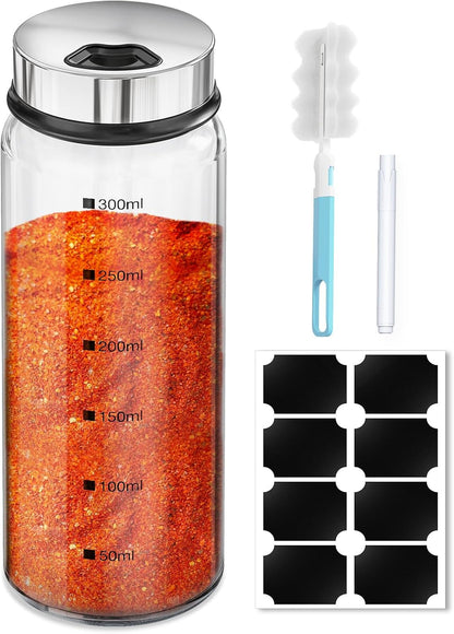 Segarty Spice Jars, 3 oz Spice Bottles with Shaker Lids, Glass Empty Seasoning Containers with Adjustable Pour Holes for Kitchen Spice Storage Stainless Steel Flow Top Salt and Pepper Shakers
