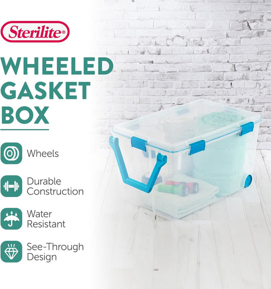 Sterilite 120 Qt Wheeled Gasket Box, Stackable Storage Bin with Latching Lid, Handle and Tight Seal, Plastic Container with Clear Base and Lid, 1-Pack